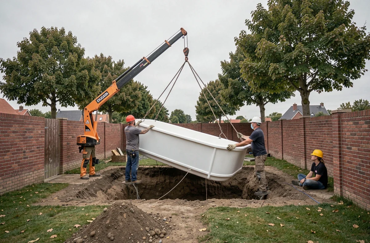 Pose d'une coque de piscine Dugain par grue dans un jardin de Seine-Maritime avec une équipe de pose en action