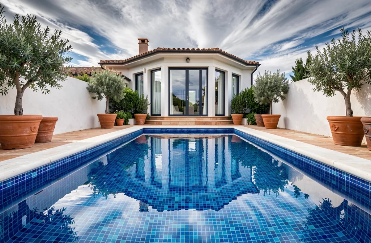 Piscine au style méditerranéen avec carrelage mosaïque bleu de Piscines Ibiza Normandie dans un jardin normand