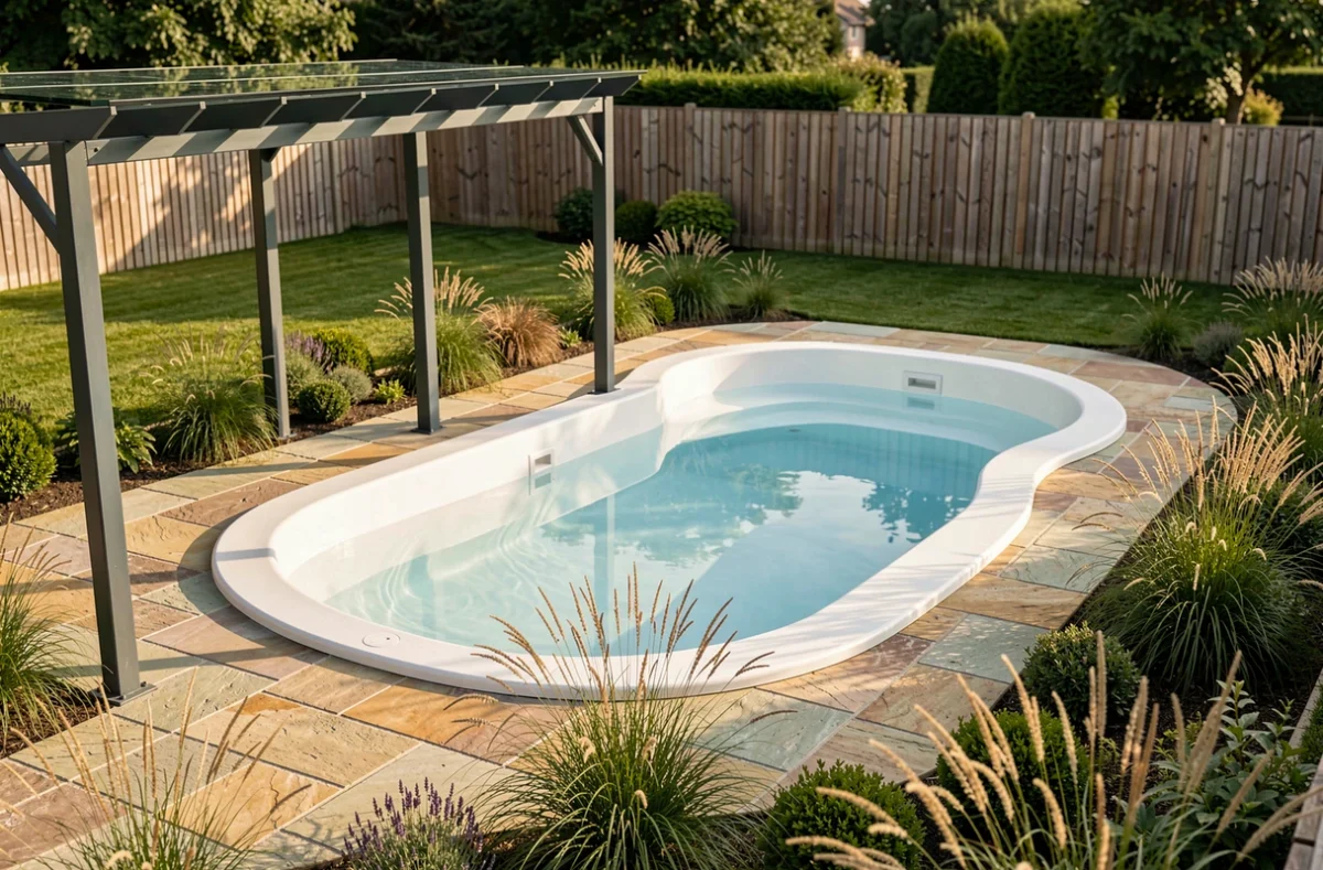 Piscine coque acrylique Magiline à forme contemporaine arrondie installée dans un jardin résidentiel normand