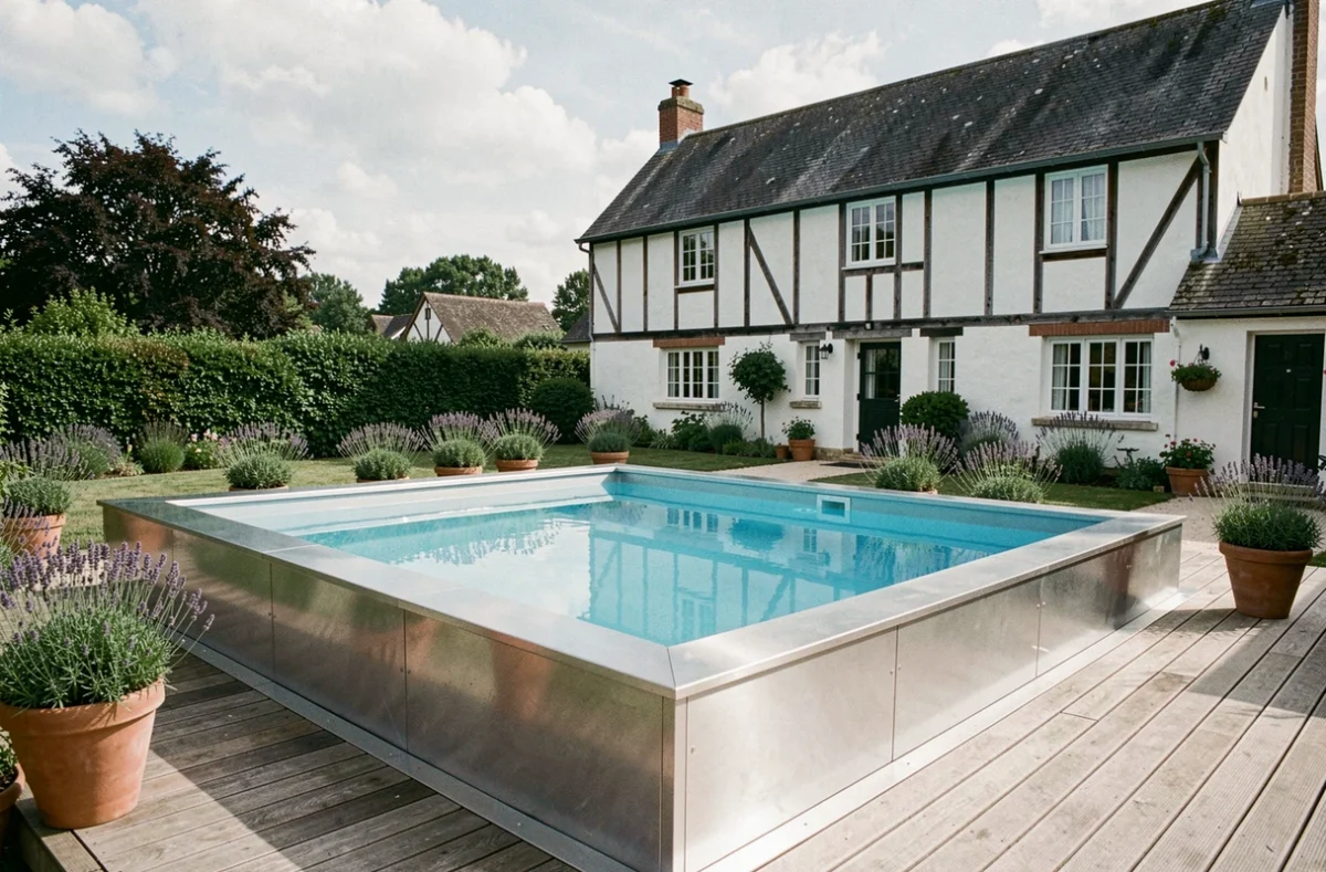 Piscine Waterair à parois en acier installée dans un jardin normand avec une maison de campagne en arrière-plan