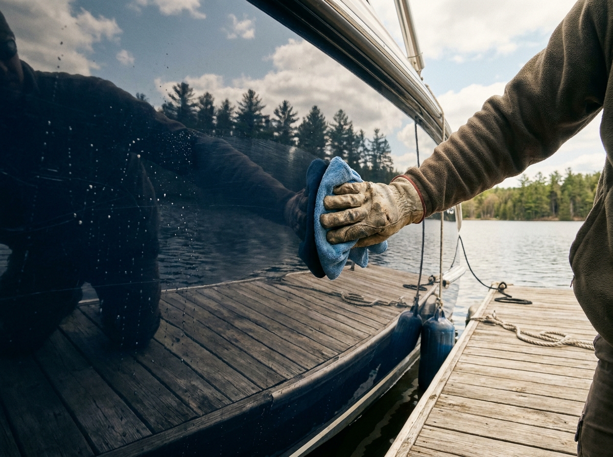 Gros plan sur une finition polyester brillante polie à la main sur la coque d'un bateau à moteur