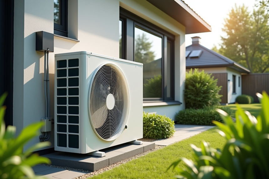 Pompe à chaleur moderne installée devant une maison écologique