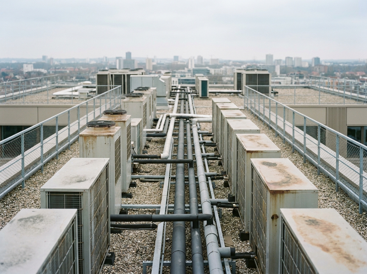 Équipements de pompes à chaleur et unités HVAC industrielles sur le toit d'un bâtiment commercial en milieu urbain