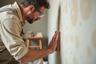 Artisan ponçant un enduit de finition intérieur avec un abrasif grain fin lors d'une rénovation appartement