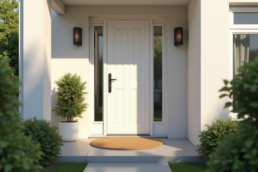 Porte d'entrée en PVC blanche moderne vue de l'extérieur