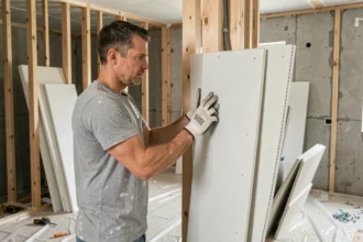 Ouvrier en train de poser un double placo sur un mur en rénovation intérieure