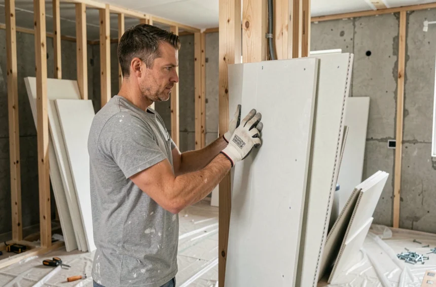 Ouvrier en train de poser un double placo sur un mur en rénovation intérieure