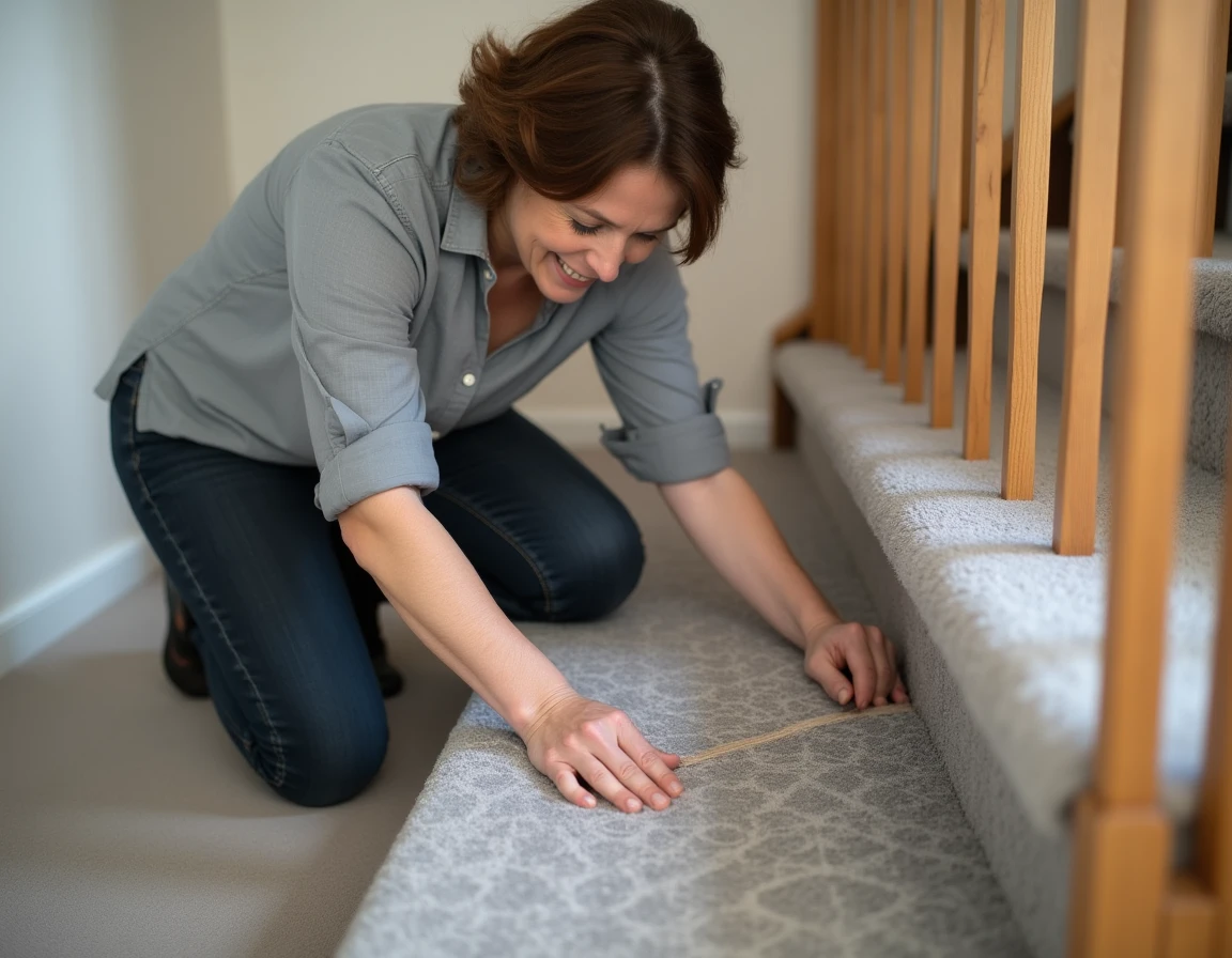 Femme en train de poser de la moquette sur les marches d'un escalier intérieur sans utiliser de barre de seuil métallique