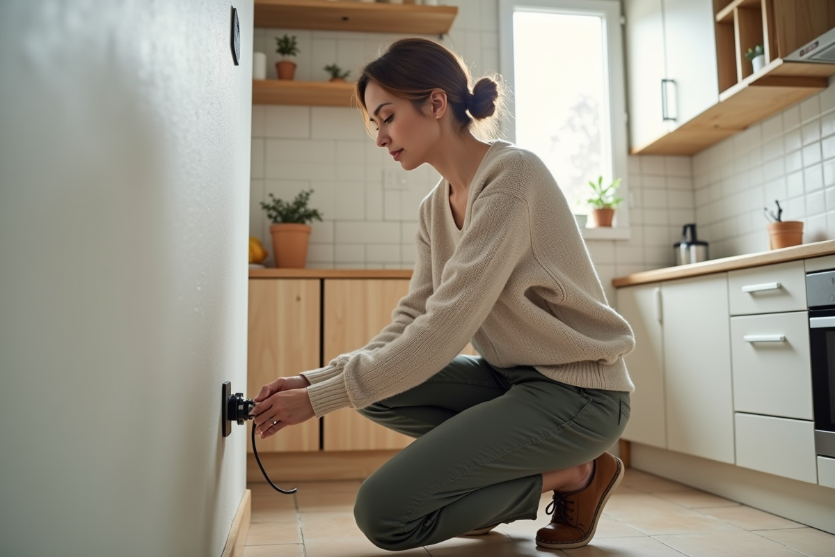 Femme fixant une prise électrique dans une cuisine rénovée