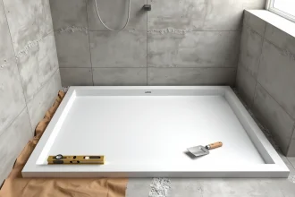 Pose d'un receveur de douche extra plat en acrylique blanc mat dans une salle de bain en cours de rénovation avec carrelage gris