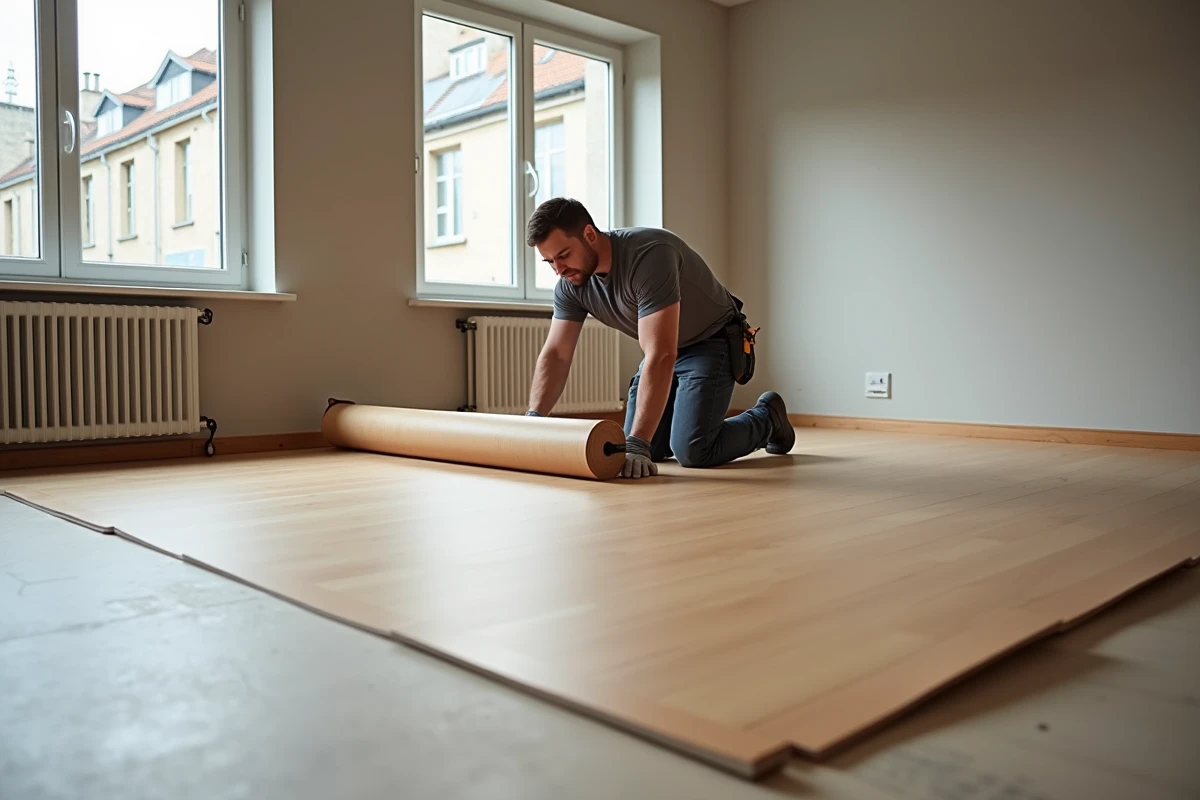 Pose de sol PVC rouleau par un professionnel dans un grand salon vide
