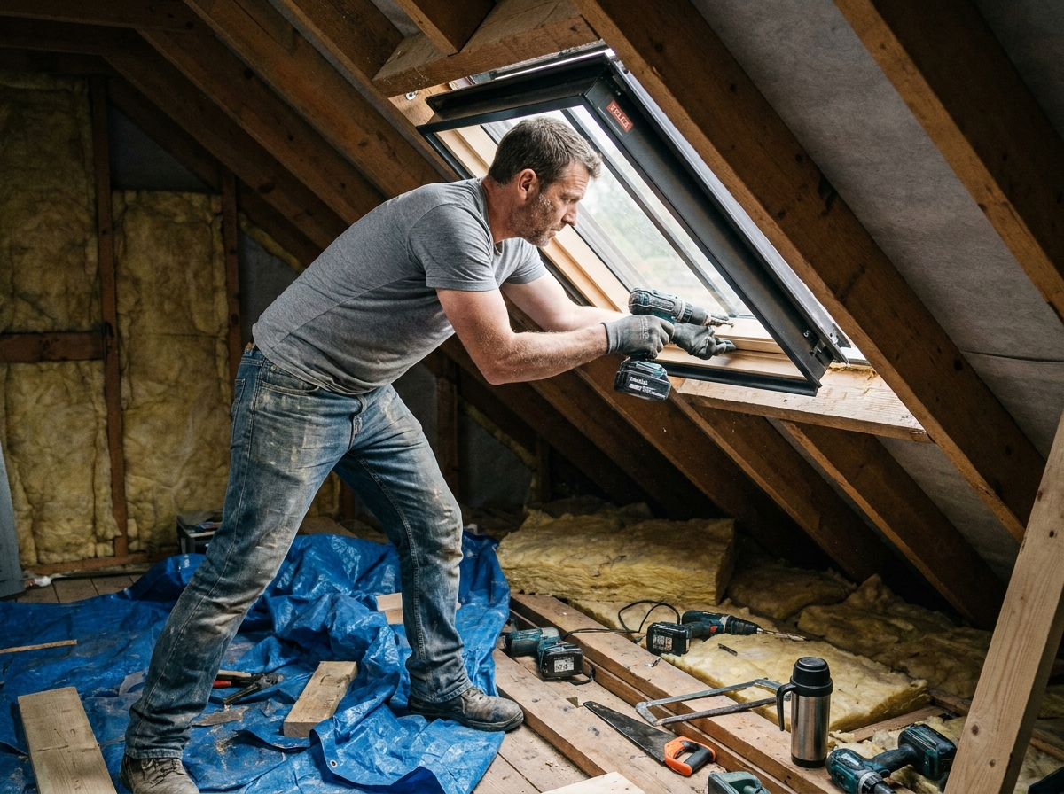 Artisan en train de poser un velux dans un toit en pente depuis l'intérieur des combles, avec chevrons en bois apparents et matériaux d'isolation visibles