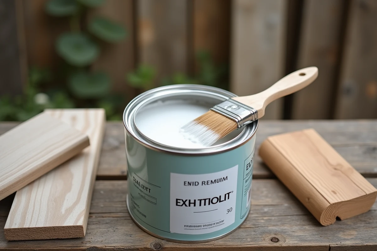 Pot de peinture blanche pour boiserie extérieure avec pinceau et bois poncé sur un établi
