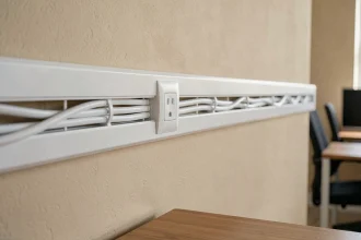 Prise électrique intégrée dans une goulotte blanche fixée sur un mur de bureau moderne, câblage propre et discret