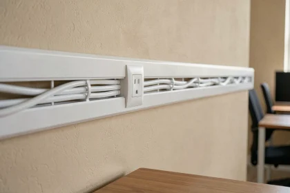 Prise électrique intégrée dans une goulotte blanche fixée sur un mur de bureau moderne, câblage propre et discret