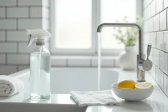 Produit H2O anti-calcaire maison posé sur un plan vasque de salle de bains minimaliste avec vinaigre blanc et citron