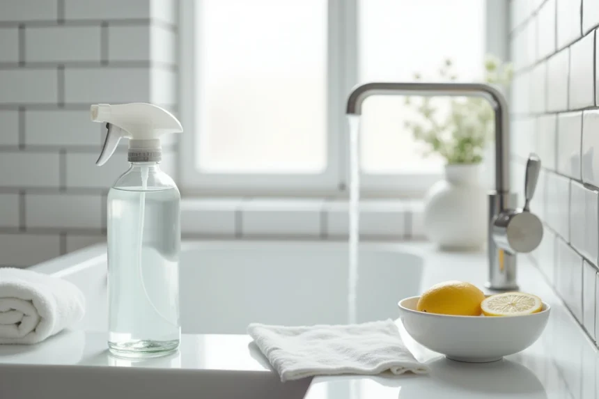 Produit H2O anti-calcaire maison posé sur un plan vasque de salle de bains minimaliste avec vinaigre blanc et citron