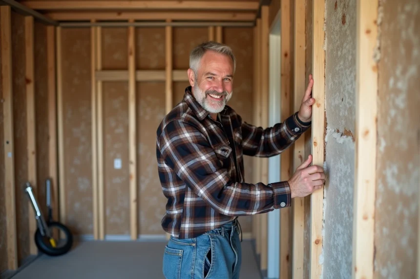 Hommes en travaux isolant un mur intérieur dans une rénovation