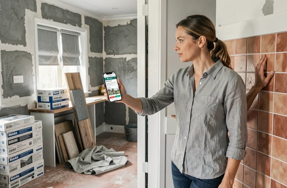Propriétaire consultant un site de FAQ travaux sur smartphone dans une cuisine en rénovation
