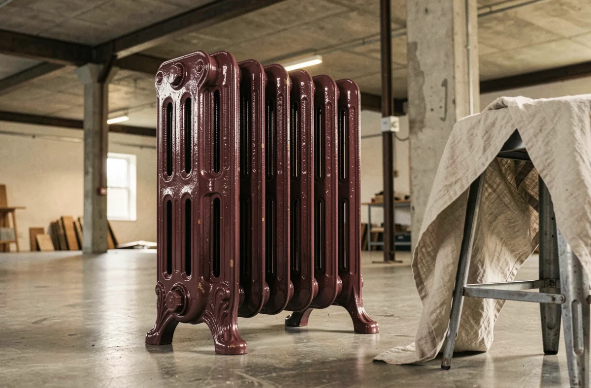 Radiateur fonte colonne bordeaux dans un loft industriel avec sol en béton ciré et poutres métalliques apparentes