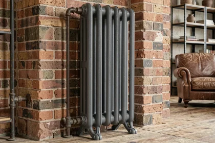 Radiateur fonte à pied style industriel anthracite contre un mur en briques apparentes avec parquet ancien