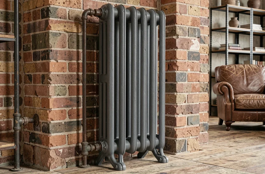 Radiateur fonte à pied style industriel anthracite contre un mur en briques apparentes avec parquet ancien