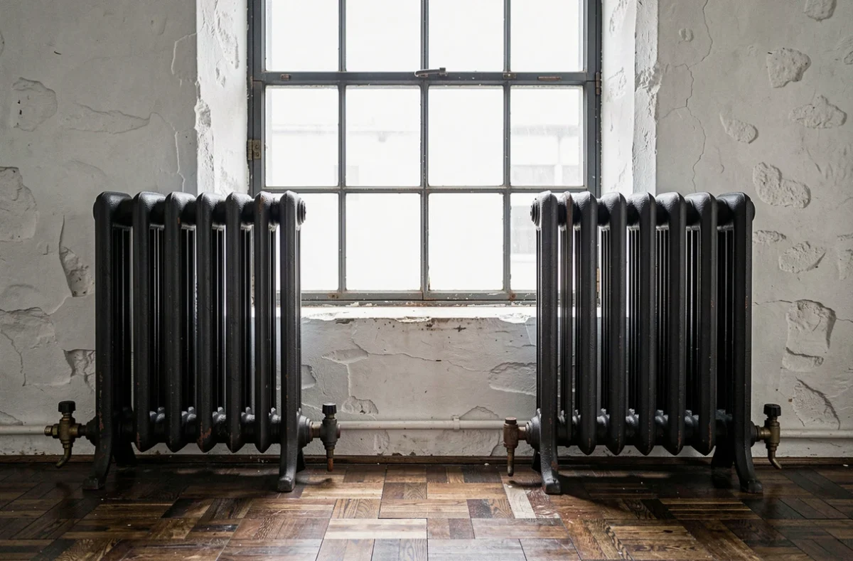 Deux radiateurs fonte pied noir mat encadrant une fenêtre industrielle à petits carreaux dans un intérieur style loft