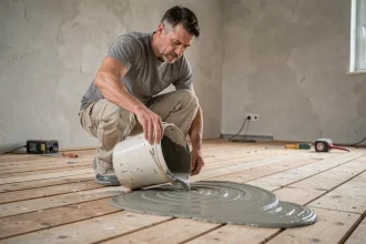 Artisan versant du ragréage autonivelant sur un plancher en bois brut dans un chantier de rénovation intérieure