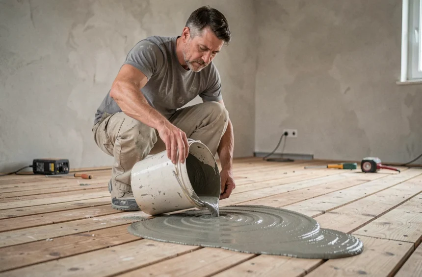Artisan versant du ragréage autonivelant sur un plancher en bois brut dans un chantier de rénovation intérieure