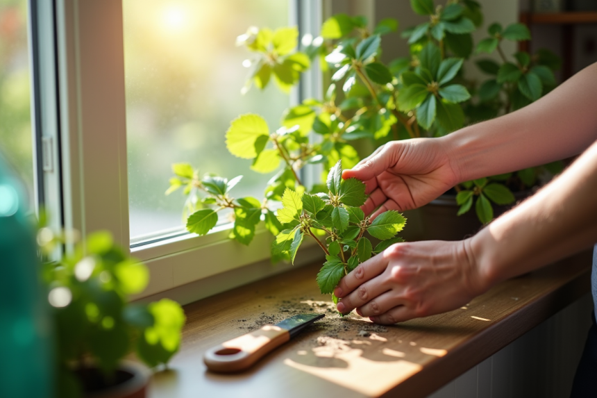 Mains prenant des branches de chèvrefeuille sur un rebord de fenêtre ensoleillé