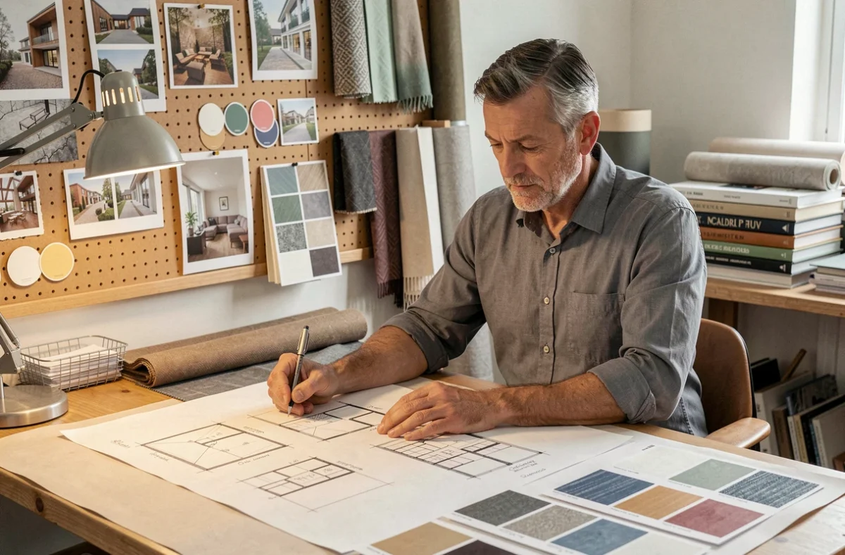 Reinhard David, décorateur d'intérieur, dessinant des plans et sélectionnant des matériaux dans son atelier de conception résidentielle