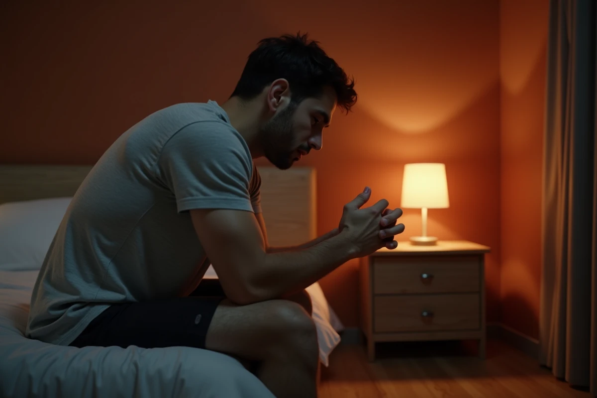 Homme assis sur le bord du lit la nuit dans une chambre aux murs terracotta, illustrant les réveils nocturnes et l'effet des couleurs sur l'insomnie