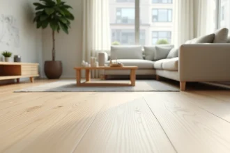 Rouleau de sol PVC aspect bois clair dans un salon scandinave minimaliste en 2026
