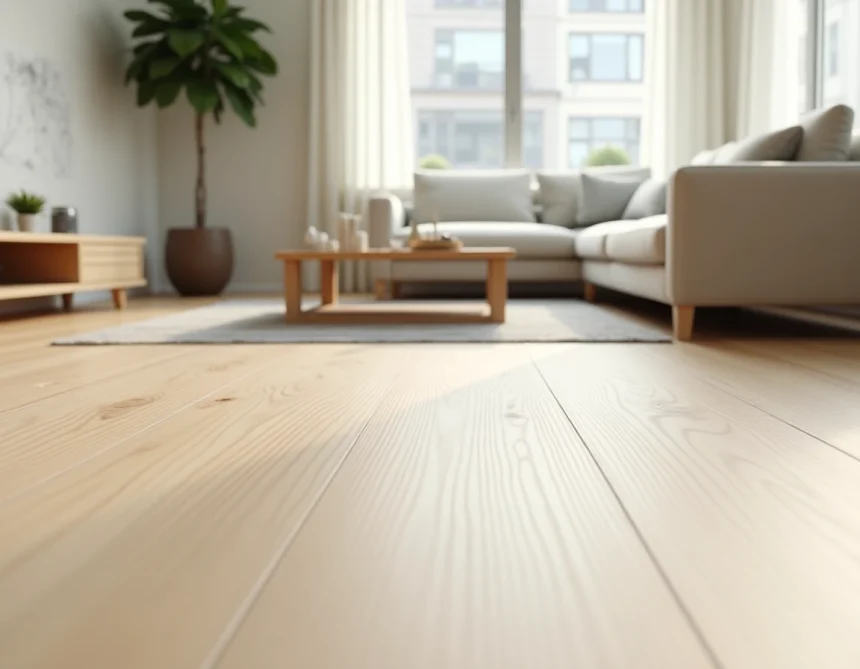 Rouleau de sol PVC aspect bois clair dans un salon scandinave minimaliste en 2026