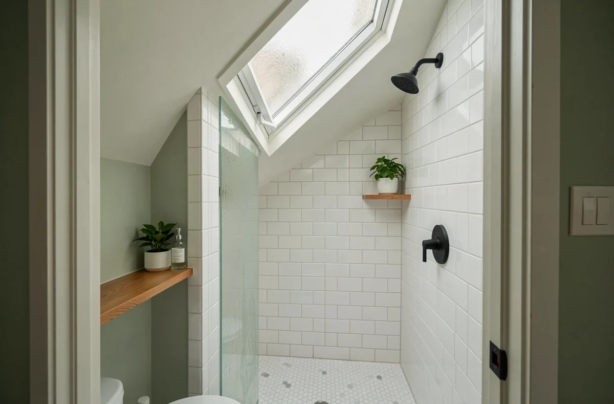 Salle de bains sous combles avec fenêtre de toit au-dessus d'une douche à l'italienne en mosaïque blanche et plafond incliné