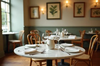 Salle de restaurant de la Maison Aimable avec tables en marbre et décor bistrot français chaleureux