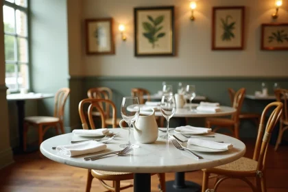 Salle de restaurant de la Maison Aimable avec tables en marbre et décor bistrot français chaleureux