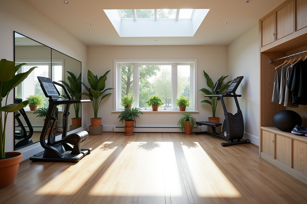 Salle de sport lumineuse dans un sous-sol bien organisé