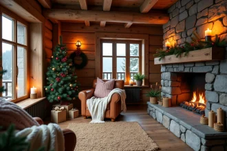 Salon de chalet décoré pour Noël avec cheminée en pierre, guirlandes de sapin et fauteuil en cuir avec plaid en laine
