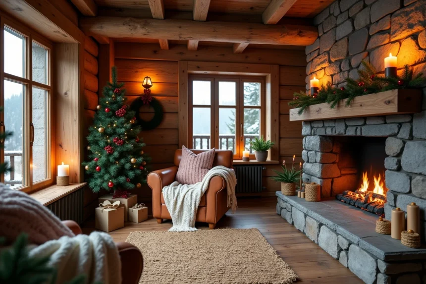 Salon de chalet décoré pour Noël avec cheminée en pierre, guirlandes de sapin et fauteuil en cuir avec plaid en laine