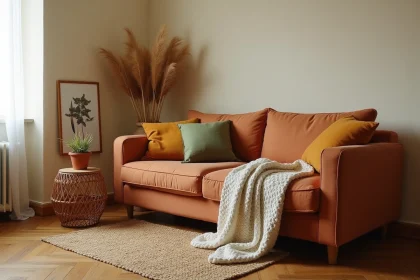 Coin salon chaleureux décoré avec un canapé en lin terracotta, des coussins colorés et des herbes de pampa dans un appartement cosy à petit budget