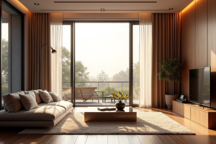 Salon moderne avec grandes fenêtres et rideaux élégants