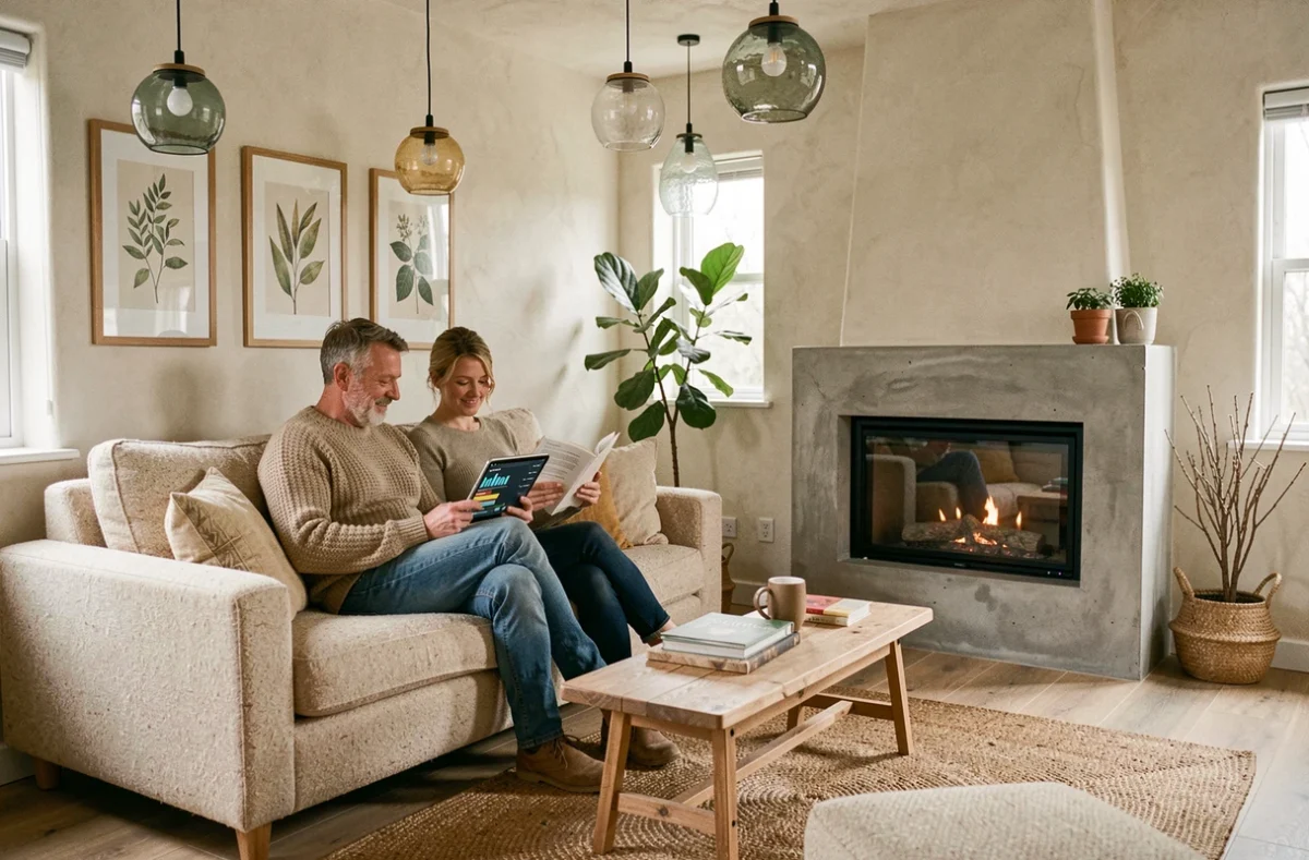 Couple lisant dans un salon en matériaux durables d'une maison modulaire écologique confortable