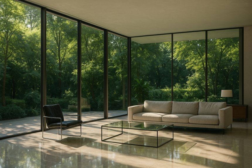 Salon moderne avec grandes baies vitrées et lumière naturelle
