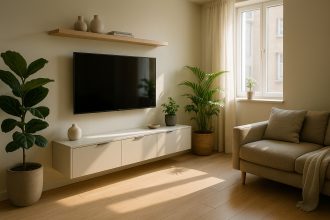 Salon moderne avec mur TV mural et décoration minimaliste