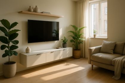Salon moderne avec mur TV mural et décoration minimaliste