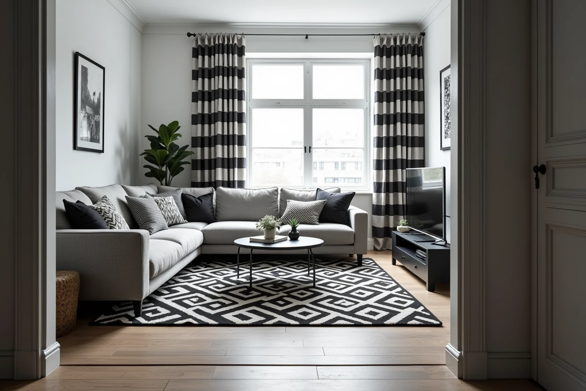 Salon noir et blanc avec trop de motifs en conflit, exemple d'erreur de décoration à éviter