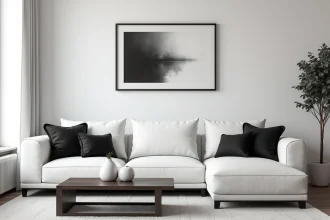 Salon noir et blanc trop froid et sans texture, illustrant une erreur fréquente de décoration intérieure