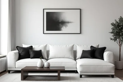 Salon noir et blanc trop froid et sans texture, illustrant une erreur fréquente de décoration intérieure