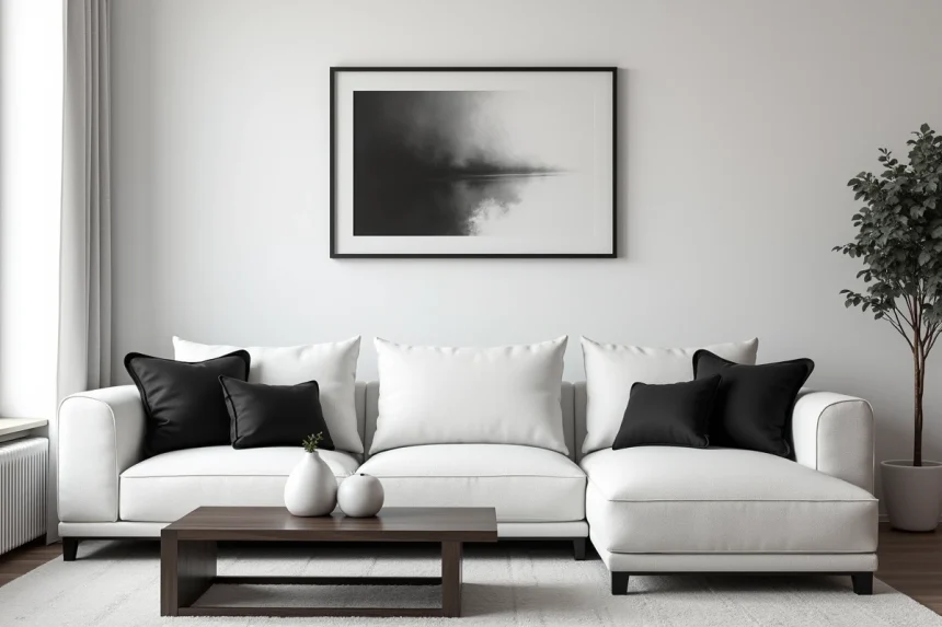 Salon noir et blanc trop froid et sans texture, illustrant une erreur fréquente de décoration intérieure